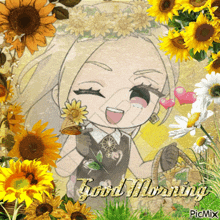 a picture of a girl surrounded by sunflowers with the caption good morning