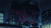 a large purple robot is sitting on top of a building at night