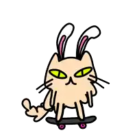 a cartoon cat with bunny ears is on a skateboard