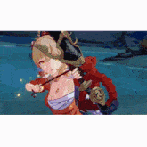 a girl in a red dress is holding a bow and a sword