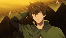 a man in a green cape has his hand behind his head