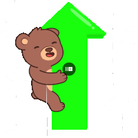 a brown teddy bear holding a green arrow pointing up