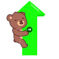 a brown teddy bear holding a green arrow pointing up