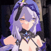 a close up of a girl with purple hair and a blue hat