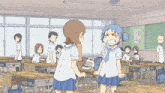 a cartoon of two girls standing in a classroom with a sign on the wall that says ' a ' on it