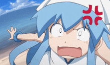a cartoon character with blue hair has a red j on her head