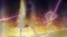 a painting of a person standing in a dark room with a sword in the background