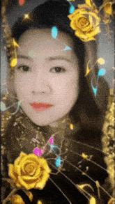 a woman 's face is surrounded by yellow roses and musical notes