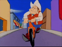 a cartoon character is riding a bike down a street in front of a store called stanley 's