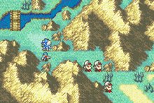 a video game shows a map of a mountainous area