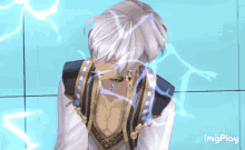 a gif of a man with white hair and a necklace with the word imgplay below it