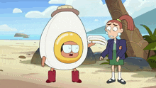 a cartoon character is dressed as an egg and standing next to another girl