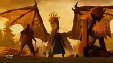 a group of people standing in front of a large dragon with the word prime on the bottom right