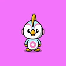 a cartoon penguin with a yellow beak and pink wings stands on a pink background