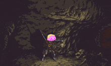 a pixel art drawing of a man with a sword and a pink head