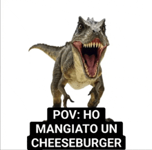 a t-rex with its mouth open and the words pov ho mangiato un cheeseburger below it