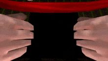 a close up of a person 's face with their mouth open and a red hat on .