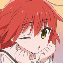 a close up of a red haired anime girl with green eyes