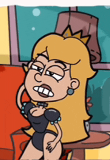 a cartoon princess is sitting in a chair with a lamp in the background .