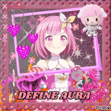 a picture of a girl with pink hair and the word define aura