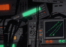 a bunch of electronics are stacked on top of each other and one of them has a green line on the screen