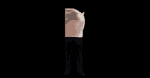 a picture of a person 's legs with a cat 's head behind them