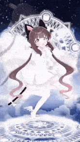 a girl in a white dress with a cat ear is standing in a circle with a wand .