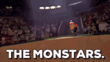 a cartoon character is flying over a baseball field with the words " the monstars " below him