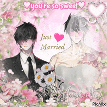 a picture of a man in a suit and tie and a woman in a wedding dress