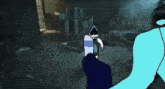 a cartoon of a person holding a gun in a dark room