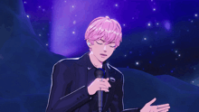 a man with pink hair is singing into a microphone with his eyes closed