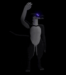 a 3d rendering of a black and white animal with purple eyes