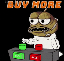 a cartoon character is pressing a button that says buy and sell