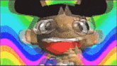 a cartoon character with glasses and a hat is smiling with a colorful background