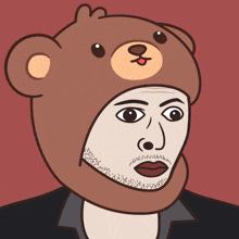 a man with a beard wears a teddy bear hat on his head