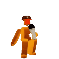 a robot holding a microphone with the letter r on his hat