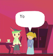 a cartoon of a boy and a girl talking with a speech bubble that says yo