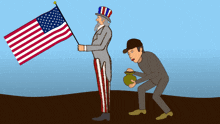 a cartoon of uncle sam holding an american flag next to a man holding a pot of money