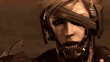 a close up of a person wearing a helmet with a broken eye