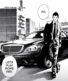 a black and white drawing of a man standing next to a car with the words let 's play some aba