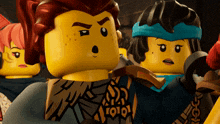 a group of lego characters are standing together and one of them has a blue headband that says ' 0101 ' on it
