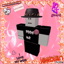 a picture of a roblox character with a black shirt that says feed me