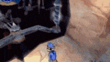 a cartoon character in a blue shirt is standing in a room .