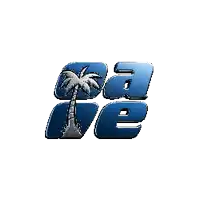 a blue and silver logo with a palm tree on it