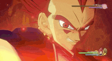 a close up of a cartoon character 's face with a lv 100 aura on it