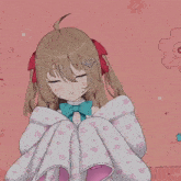 a drawing of a girl with her eyes closed and a blanket with hearts and stars on it