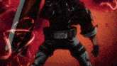 a man is holding a large sword in his hand