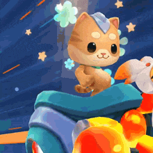 a cartoon cat with a flower on its head is sitting on a blue object