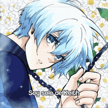 a drawing of a boy with blue hair and the words soy solo de keith on the bottom
