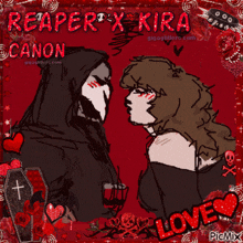 a picture of a grim reaper and a woman kissing with the words " reaper x kira canon "